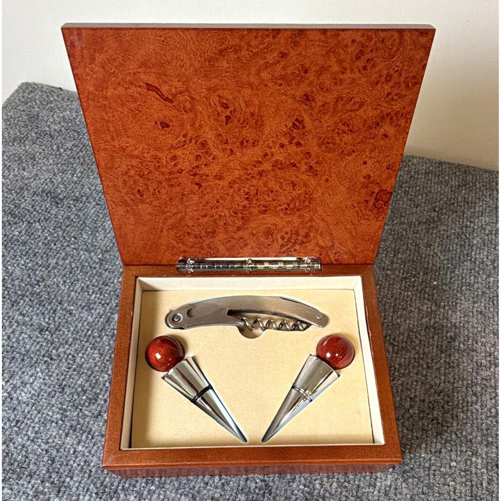 Wine Opener Set Corkscrew w/ 2 Bottle Stoppers in Wood Presentation Box